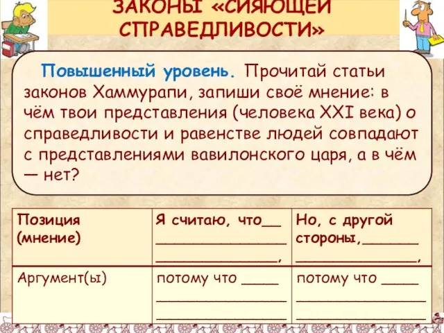 ЗАКОНЫ «СИЯЮЩЕЙ СПРАВЕДЛИВОСТИ» Повышенный уровень. Прочитай статьи законов Хаммурапи, запиши своё