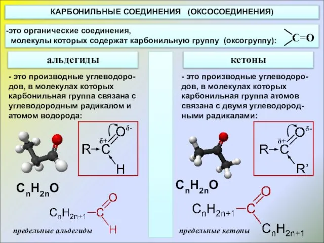 КАРБОНИЛЬНЫЕ СОЕДИНЕНИЯ (ОКСОСОЕДИНЕНИЯ) альдегиды кетоны - это производные углеводоро-дов, в молекулах