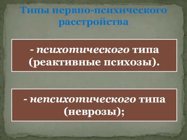 Типы нервно-психического расстройства - непсихотического типа (неврозы); - психотического типа (реактивные психозы).