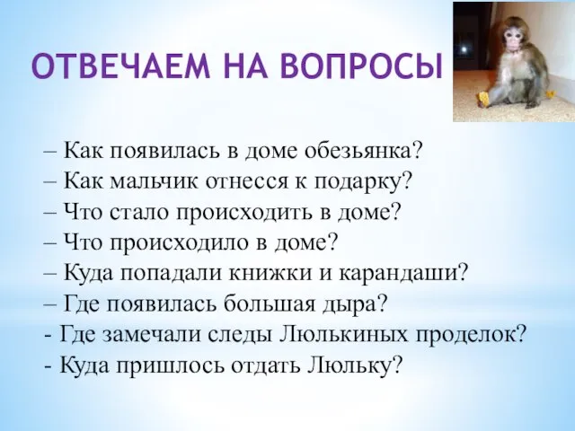 – Как появилась в доме обезьянка? – Как мальчик отнесся к