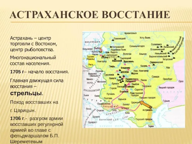 АСТРАХАНСКОЕ ВОССТАНИЕ Астрахань – центр торговли с Востоком, центр рыболовства. Многонациональный