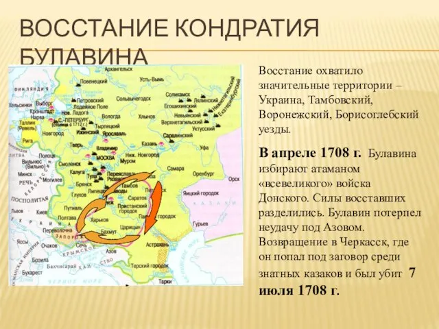 ВОССТАНИЕ КОНДРАТИЯ БУЛАВИНА Восстание охватило значительные территории – Украина, Тамбовский, Воронежский,