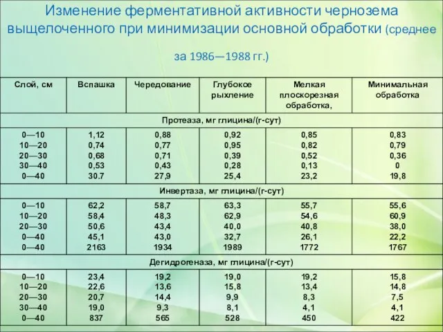 Изменение ферментативной активности чернозема выщелоченного при минимизации основной обработки (среднее за 1986—1988 гг.)