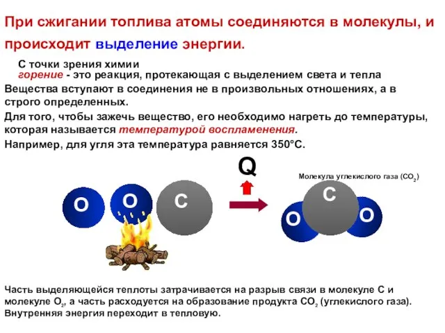 Q При сжигании топлива атомы соединяются в молекулы, и происходит выделение