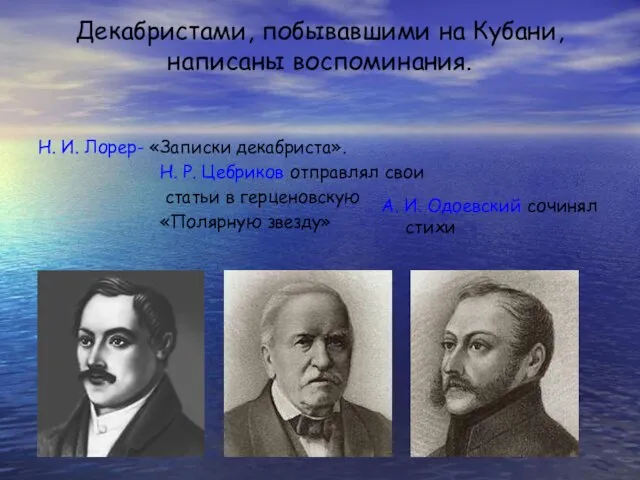 Декабристами, побывавшими на Кубани, написаны воспоминания. Н. И. Лорер- «Записки декабриста».