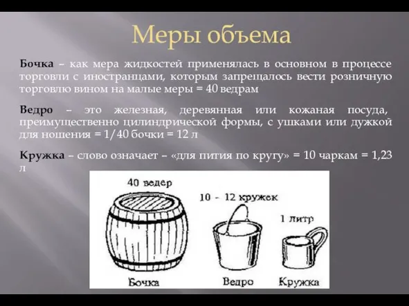 Меры объема Бочка – как мера жидкостей применялась в основном в