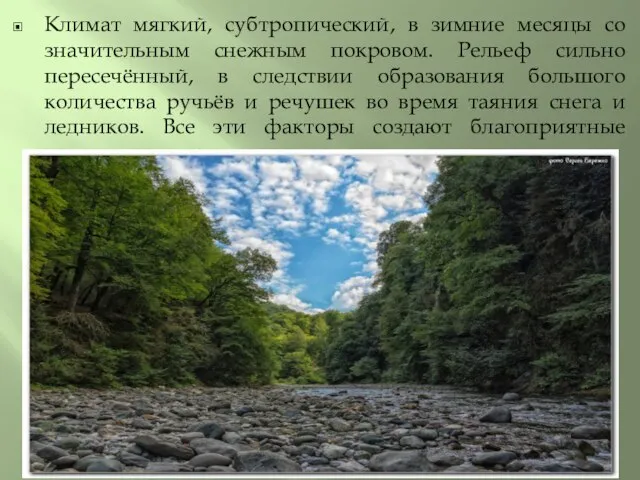 Климат мягкий, субтропический, в зимние месяцы со значительным снежным покровом. Рельеф