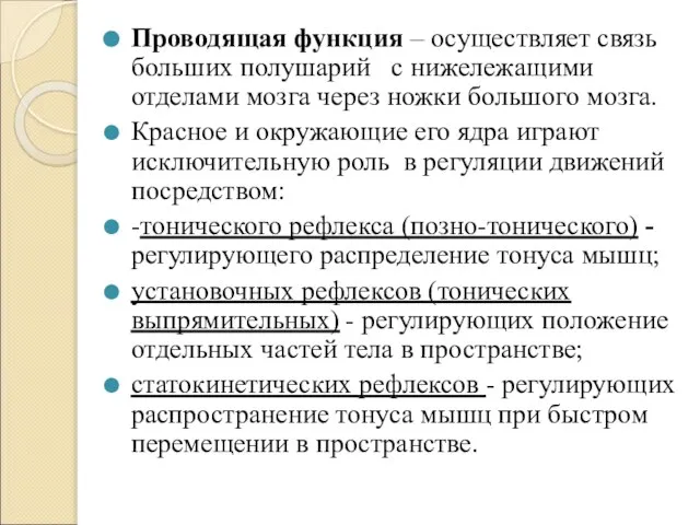 Проводящая функция – осуществляет связь больших полушарий с нижележащими отделами мозга