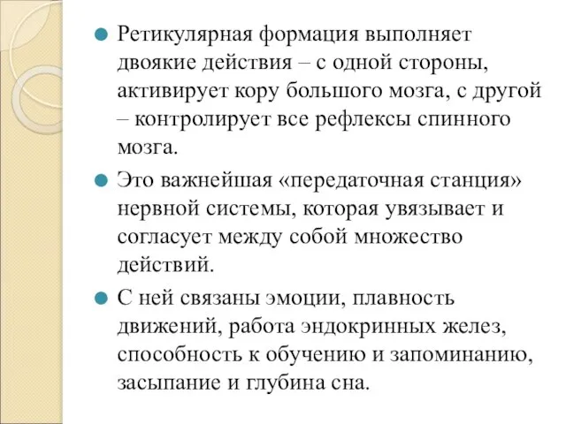 Ретикулярная формация выполняет двоякие действия – с одной стороны, активирует кору