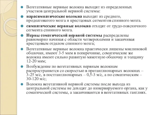 Вегетативные нервные волокна выходят из определенных участков центральной нервной системы: парасимпатические