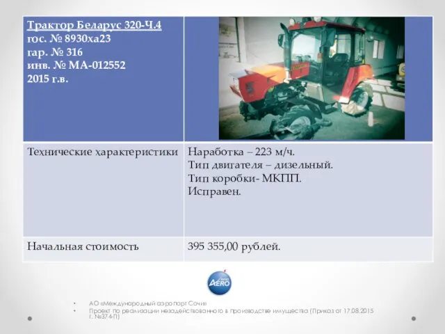 АО «Международный аэропорт Сочи» Проект по реализации незадействованного в производстве имущества (Приказ от 17.08.2015г. №374-П)