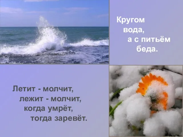 Кругом вода, а с питьём беда. Летит - молчит, лежит - молчит, когда умрёт, тогда заревёт.