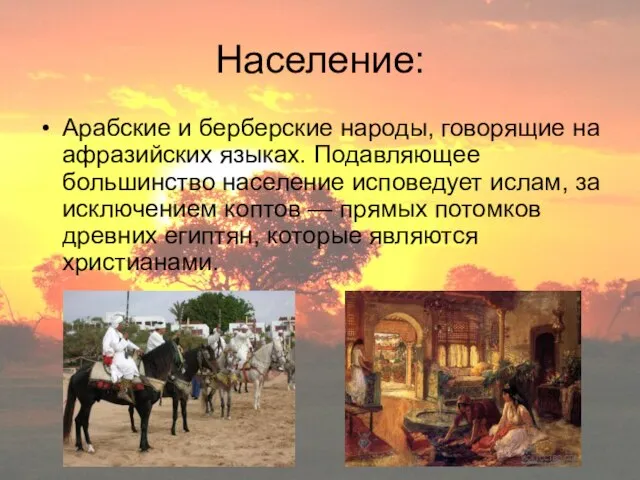 Население: Арабские и берберские народы, говорящие на афразийских языках. Подавляющее большинство