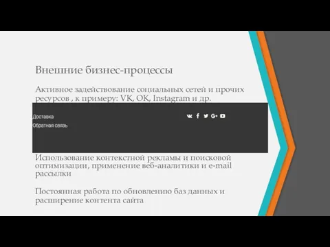 Внешние бизнес-процессы Постоянная работа по обновлению баз данных и расширение контента