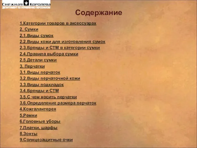 Содержание 1.Категории товаров в аксессуарах 2. Сумки 2.1.Виды сумок 2.2.Виды кожи