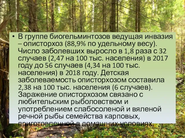 В группе биогельминтозов ведущая инвазия – описторхоз (88,9% по удельному весу).