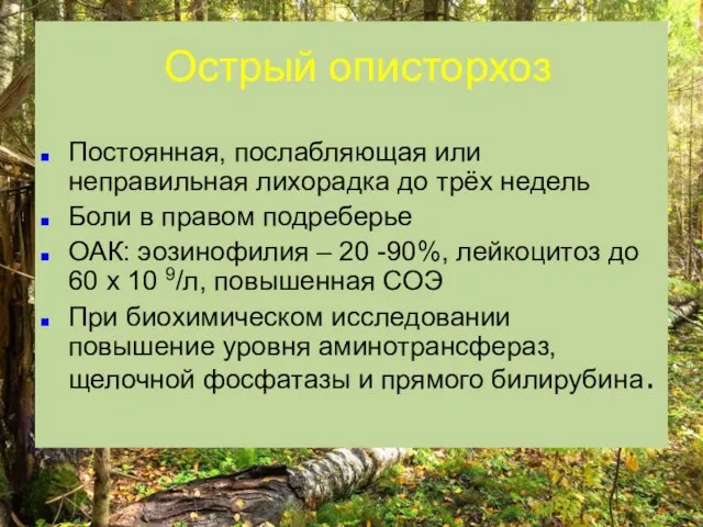 Острый описторхоз Постоянная, послабляющая или неправильная лихорадка до трёх недель Боли