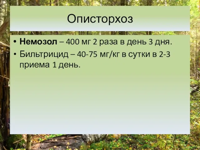 Описторхоз Немозол – 400 мг 2 раза в день 3 дня.