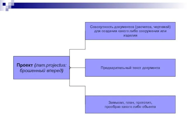 Проект (лат.projectus: брошенный вперед) Совокупность документов (расчетов, чертежей) для создания какого