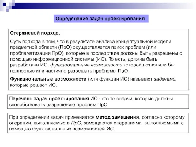 Определение задач проектирования Стержневой подход. Суть подхода в том, что в