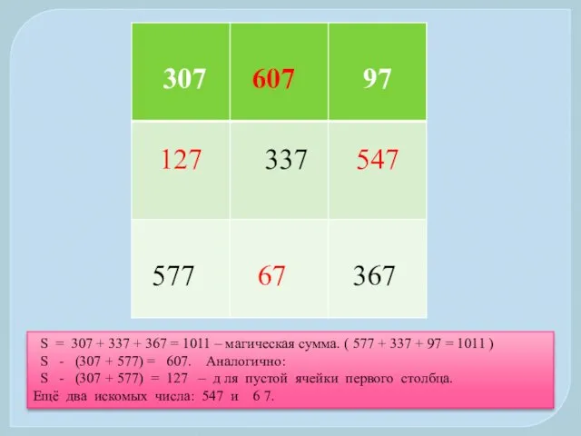 S = 307 + 337 + 367 = 1011 – магическая