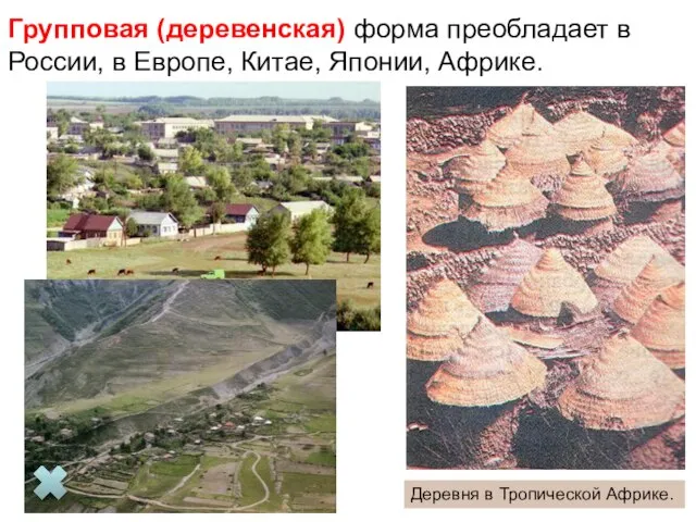 Групповая (деревенская) форма преобладает в России, в Европе, Китае, Японии, Африке. Деревня в Тропической Африке.