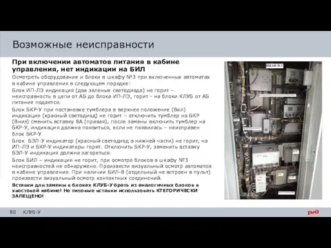 Возможные неисправности При включении автоматов питания в кабине управления, нет индикации