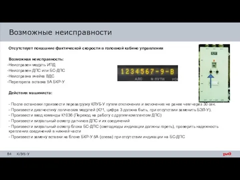 Возможные неисправности Отсутствует показание фактической скорости в головной кабине управления Возможная