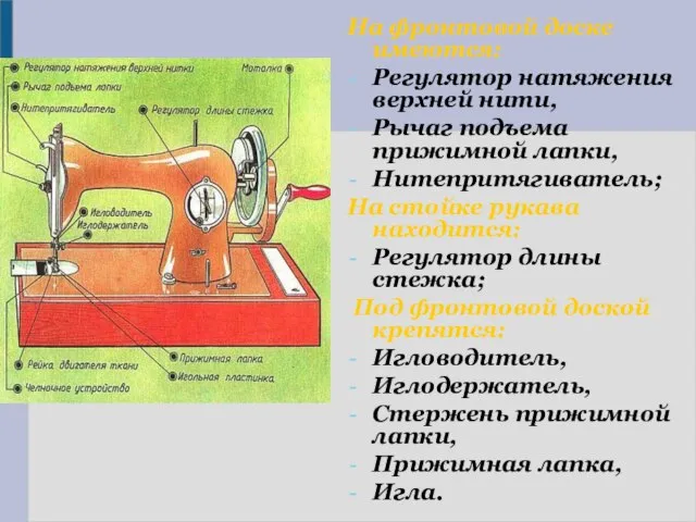 На фронтовой доске имеются: Регулятор натяжения верхней нити, Рычаг подъема прижимной