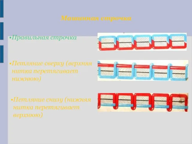 Машинная строчка Правильная строчка Петляние сверху (верхняя нитка перетягивает нижнюю) Петляние снизу (нижняя нитка перетягивает верхнюю)