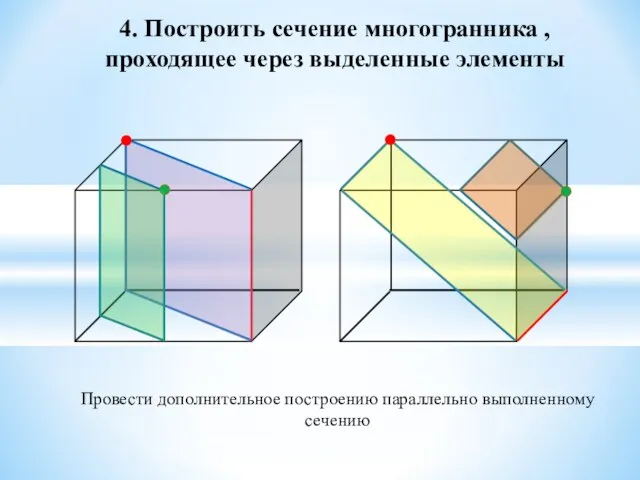 4. Построить сечение многогранника , проходящее через выделенные элементы Провести дополнительное построению параллельно выполненному сечению