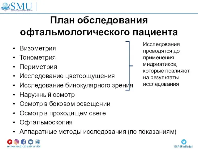 Визометрия Тонометрия Периметрия Исследование цветоощущения Исследование бинокулярного зрения Наружный осмотр Осмотр