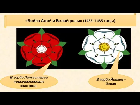 «Война Алой и Белой розы» (1455–1485 годы). В гербе Ланкастеров присутствовала