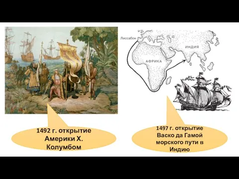 1492 г. открытие Америки Х. Колумбом 1497 г. открытие Васко да Гамой морского пути в Индию