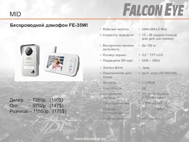 www.falconeye.su Беспроводной домофон FE-35WI Дилер – 7260р. (110$) Опт – 9702р.