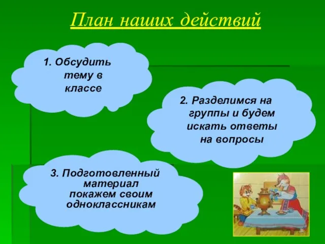 План наших действий 1. Обсудить тему в классе 2. Разделимся на