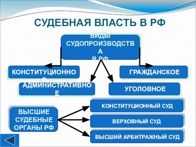 СУДЕБНАЯ ВЛАСТЬ В РФ ВИДЫ СУДОПРОИЗВОДСТВА В РФ ГРАЖДАНСКОЕ УГОЛОВНОЕ АДМИНИСТРАТИВНОЕ