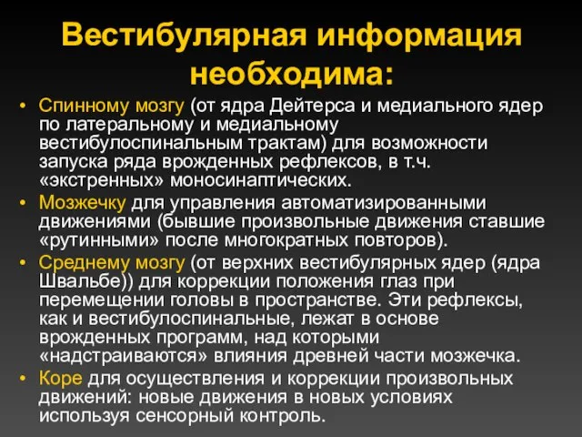 Вестибулярная информация необходима: Спинному мозгу (от ядра Дейтерса и медиального ядер