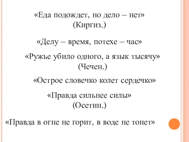 «Еда подождет, но дело – нет» (Киргиз.) «Ружье убило одного, а