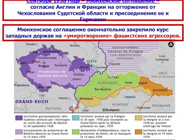 Сентябрь 1938 года – Мюнхенское соглашение – согласие Англии и Франции