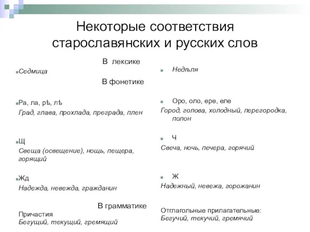 Некоторые соответствия старославянских и русских слов В лексике Седмица В фонетике