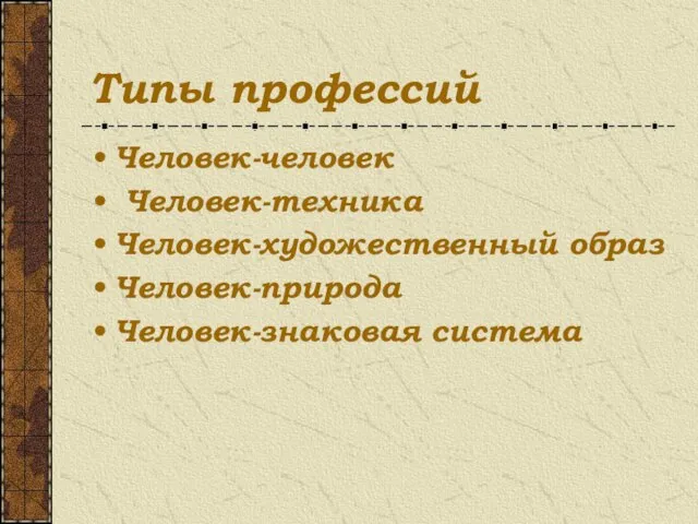 Типы профессий Человек-человек Человек-техника Человек-художественный образ Человек-природа Человек-знаковая система