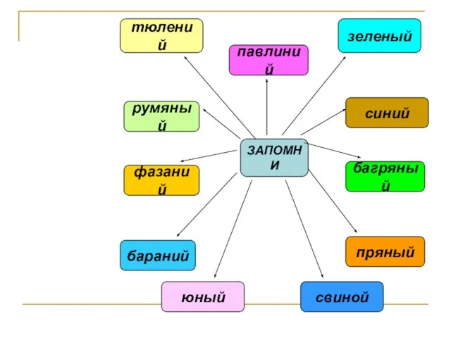 ЗАПОМНИ павлиний свиной бараний фазаний тюлений зеленый багряный пряный румяный синий юный