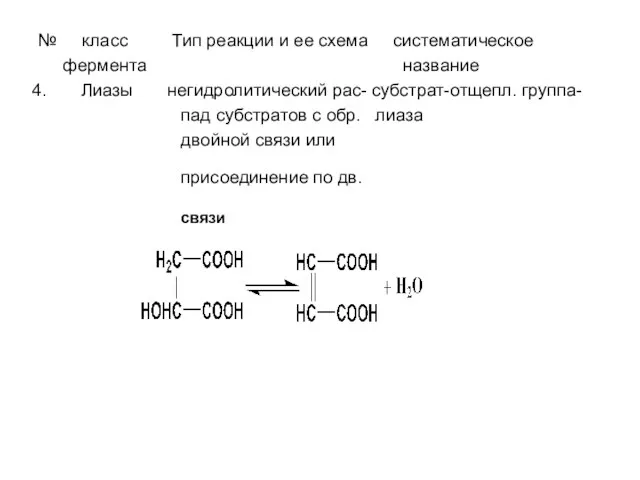 № класс Тип реакции и ее схема систематическое фермента название Лиазы