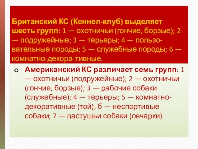 Британский КС (Кеннел-клуб) выделяет шесть групп: 1 — охотничьи (гончие, борзые);