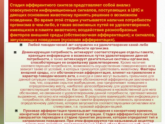 Стадия афферентного синтеза представляет собой анализ совокупности информационных сигналов, поступающих в