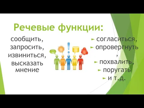 Речевые функции: сообщить, запросить, извиниться, высказать мнение согласиться, опровергнуть, похвалить, поругать и т.д.