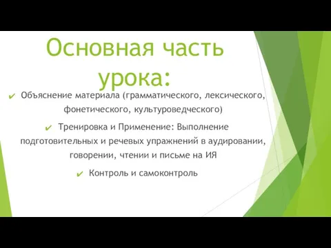 Основная часть урока: Объяснение материала (грамматического, лексического, фонетического, культуроведческого) Тренировка и