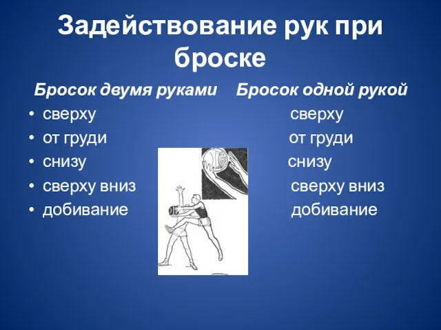 Задействование рук при броске Бросок двумя руками Бросок одной рукой сверху