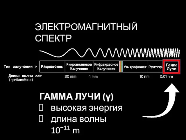 ЭЛЕКТРОМАГНИТНЫЙ СПЕКТР ГАММА ЛУЧИ (γ) высокая энергия длина волны 10−11 m